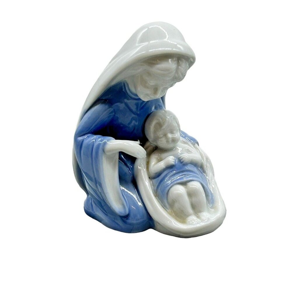 Vintage Lefton Mary & Baby Jesus Nativity Figurine Japan Blue White Porcelain 4"